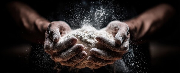 Hands holding a pile of flour, with flour dust actively rising and falling