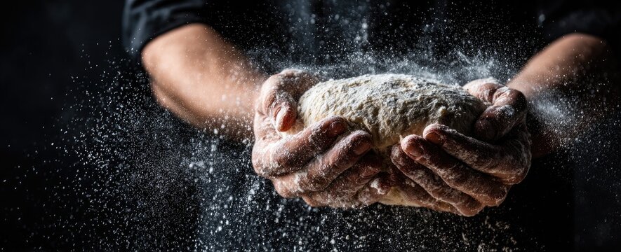 Close-up of hands holding and kneading bread dough with flour dust suspended