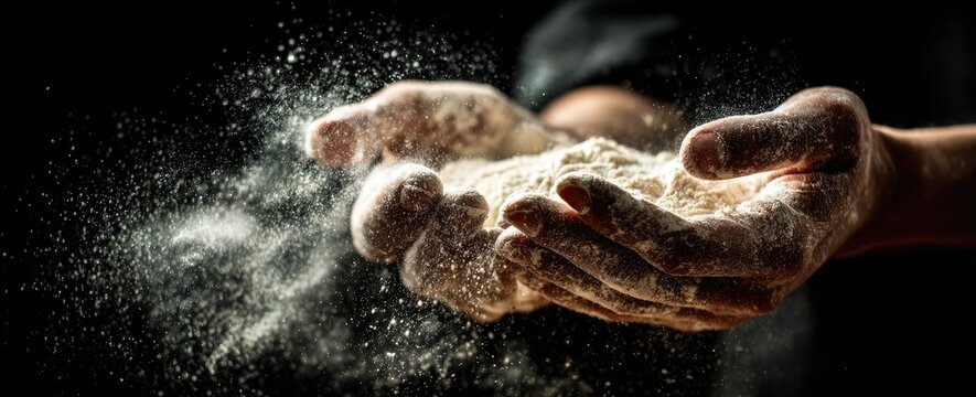 Close-up of human hands holding a pile of white flour, with flour dust scattering