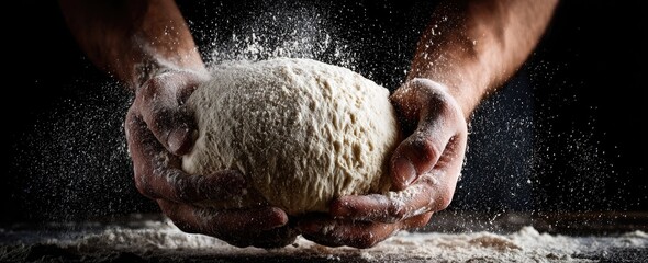Close-up of flour-dusted hands holding fresh dough, with flour suspended in air