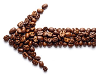 Roasted coffee beans arranged in an arrow shape against white background