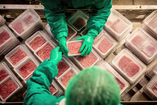 Two workers in green protective gear transfer packaged raw meat in a factory