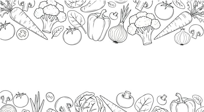 Black and white line art illustration featuring a border of various vegetables including carrots, broccoli, tomatoes, peppers, spinach, onions, and mushrooms.