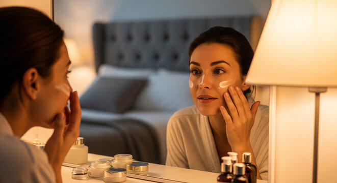 Woman Applying Face Cream in Bedroom Mirror at Night