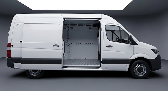 Side profile of a large white commercial delivery van with its sliding door open, showcasing the empty and clean cargo area for transport and logistics
