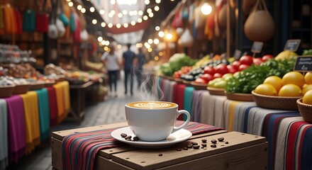 Coffee Cup with Latte Art at Outdoor Market