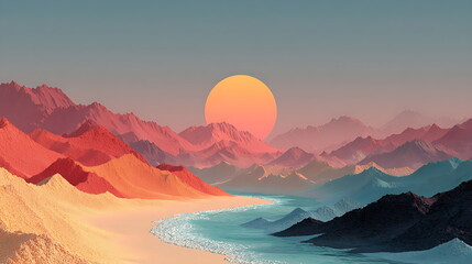 Desert sand dunes shaped like sound waves under a pastel sunrise sky, minimal texture, serene illustration.