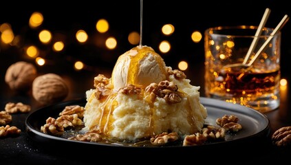 Creamy dessert drizzled with honey on a plate with walnut garnish