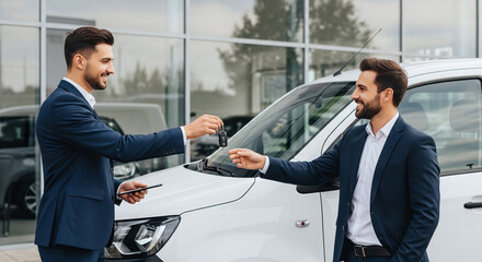 Salesman handing car keys to a happy customer outside a dealership