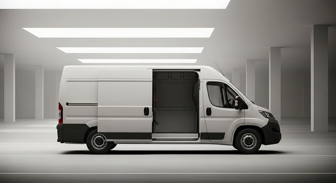 Cargo van in modern warehouse setting with open sliding door
