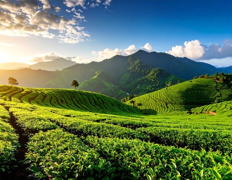 Sunlit tea plantation, rolling hills, lush green fields, and distant mountains beneath a bright blue sky with fluffy clouds