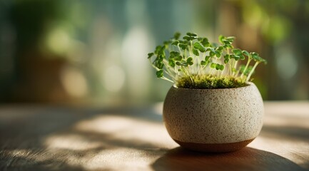 Tiny sprouts grow from a small pot in sunlit, blurred indoor setting