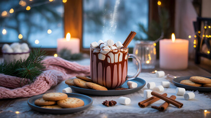 Cozy hot chocolate with marshmallows and cookies scene