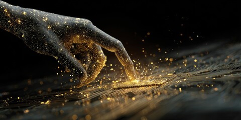 Digital Touch Hand interacts with glowing network, sparking particles