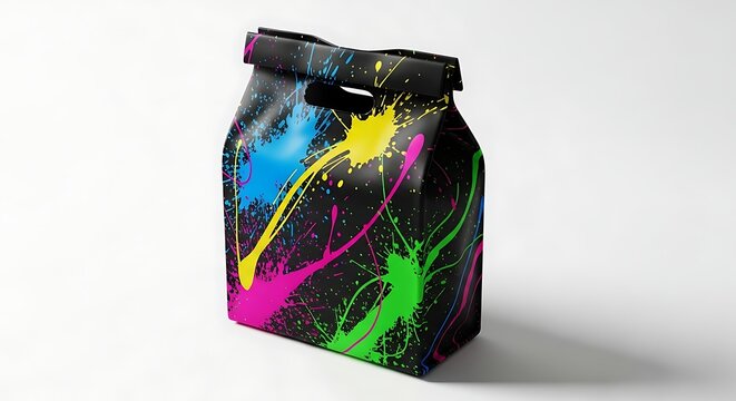 Vibrant paint splatter design on a modern lunch bag