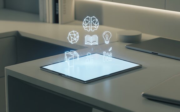 Futuristic tablet displaying holographic ai icons on a modern countertop