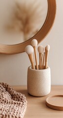 Makeup brushes by round mirror with knitwear