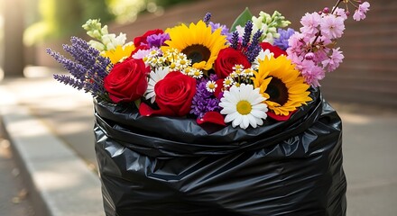 Discarded bouquet of vibrant flowers in a black trash bag