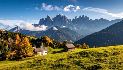 Scenic vista of a church, small buildings, and verdant fields with majestic mountains under a blue sky, some clouds