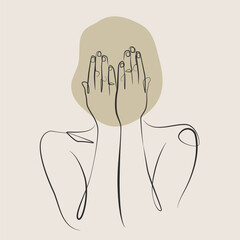 Female upper body abstract one line drawing. Female hands covering face single line illustration. Female Body minimalist line art.