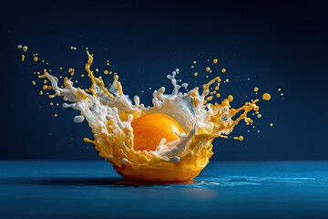 Splashing egg yolk and white in mid-air against a blue backdrop