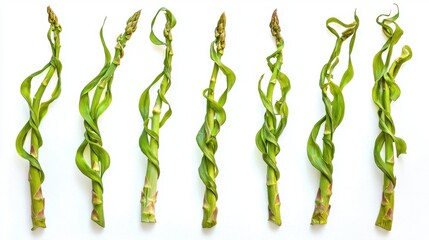 Fototapeta premium Artistic Arrangement of Twisted Green Asparagus Stalks Isolated on White Background for Culinary Concepts