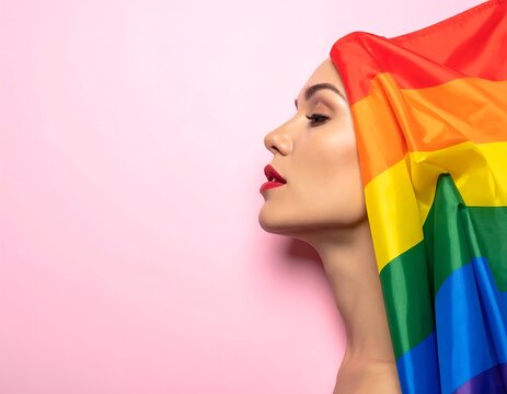 Portrait of woman with rainbow flag on pink background - Powered by Adobe