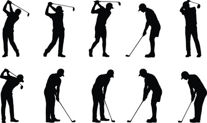 Golf silhouettes, swing poses, putting stance, player actions, black icons, vector sports, athletic motion, golf technique, abstract golfer, sports illustration