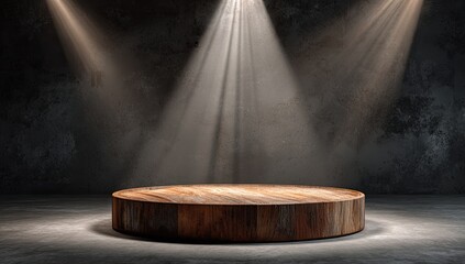 Wooden stage under spotlight, dark textured background