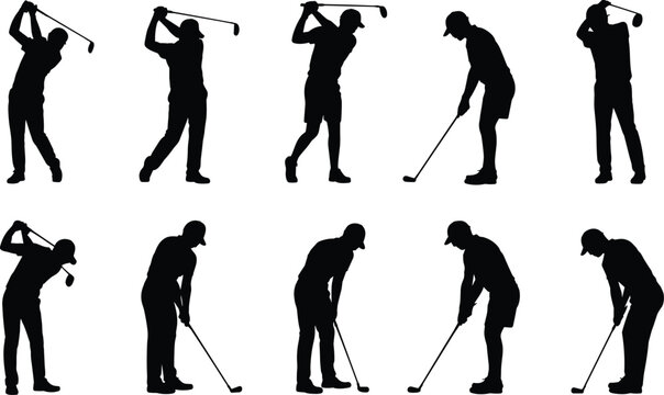Golf silhouettes, swing poses, putting stance, player actions, black icons, vector sports, athletic motion, golf technique, abstract golfer, sports illustration