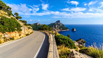 Winding coastal road hugging a cliff edge with ocean view, under a partly cloudy sky. Rugged terrain with lush greenery