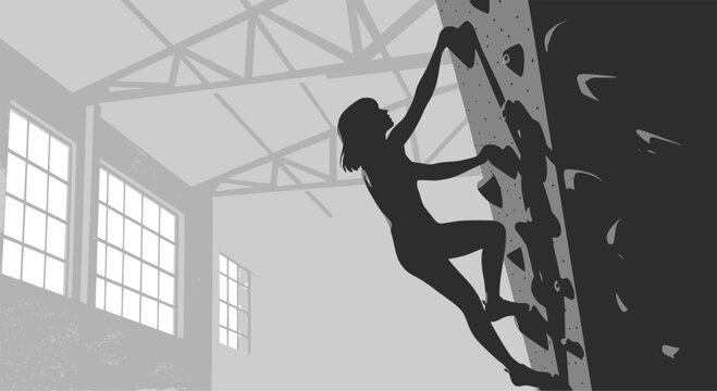 Monochrome comic-style illustration of a woman rock climbing indoors on a textured wall, symbolizing challenge and determination: Design for fitness magazine layout, gym poster. EPS version.