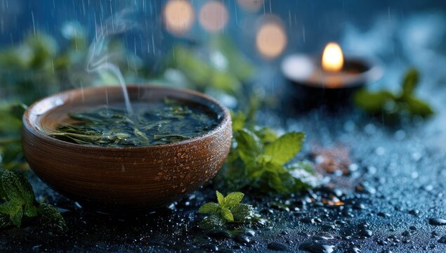 Herbal tea steams in rain with candle, mint on dark, wet surface - Powered by Adobe