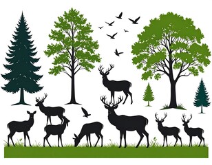 Silhouettes of wildlife, trees, and birds, set on a white background
