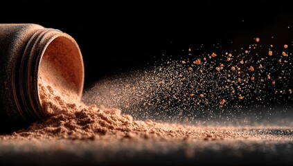 Powdery substance spills from container against a dark backdrop