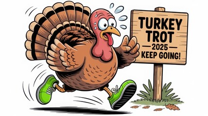 Colorful Cartoon Illustration of a Turkey Running for a Fun Event in 2025