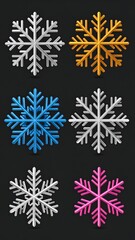 Six colorful, 3D snowflake icons on a dark background