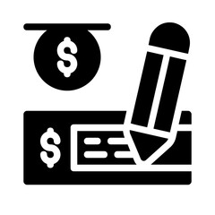 Dollar sign coin check, writing pencil. Suitable for finance, budgeting, accounting, business concepts. Financial planning essentials depicted in simple elements.
