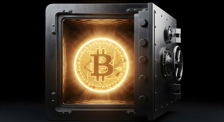 Glowing Bitcoin symbol displayed inside an open secure vault, concept of digital currency protection, cryptocurrency storage, financial security, blockchain technology, and modern fintech innovation