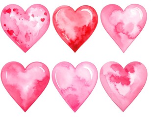 Six watercolor hearts in shades of pink and red