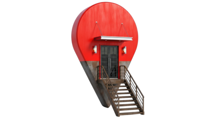 Conceptual architecture presents a building shaped like a map pin featuring a staircase entrance.