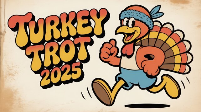 Playful Retro Cartoon Turkey Running for Turkey Trot Festival in 1970s Style