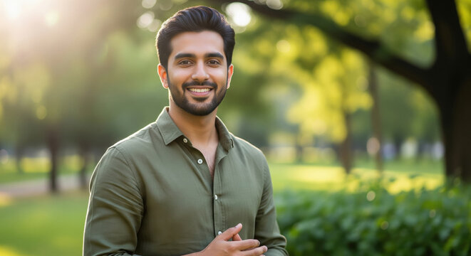 Smiling Young Man in Park at Golden Hour