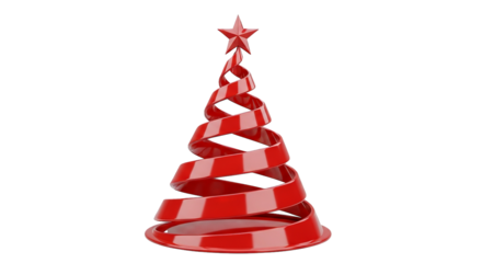 A modern red spiral Christmas tree with a star on top against a clean, transparent background.