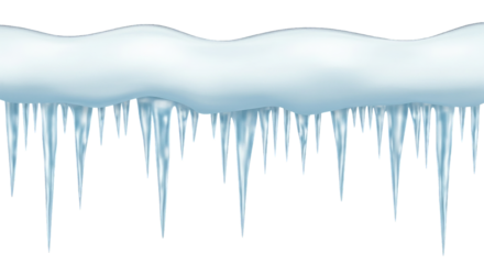 A frozen snow overhang with rows of sharp icicles hangs, shimmering with a wintery, icy  aesthetic.