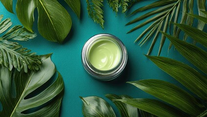 Green cream in glass jar surrounded by vibrant tropical foliage