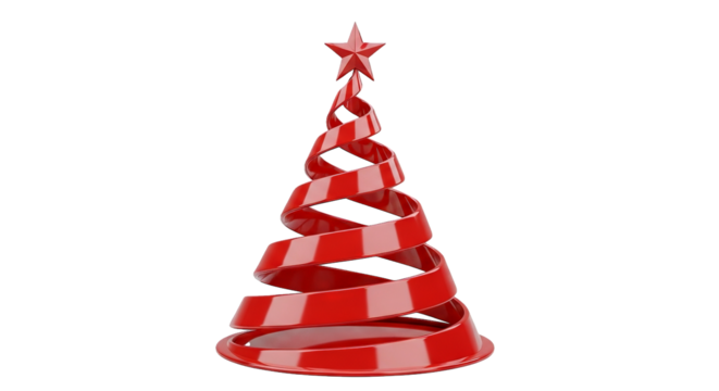A modern red spiral Christmas tree with a star on top against a clean, transparent background.