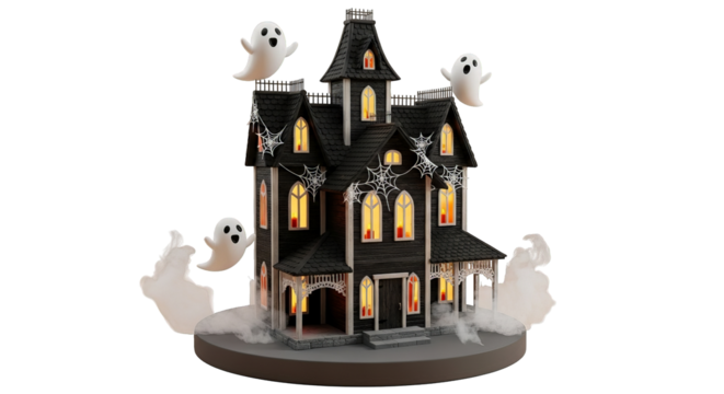 A spooky haunted house glows with warm light, surrounded by playful ghosts and misty fog effects. - Powered by Adobe