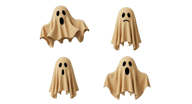 Four simple ghosts in different poses with different facial expressions in a digital illustration.