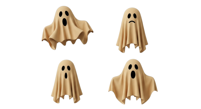 Four simple ghosts in different poses with different facial expressions in a digital illustration.